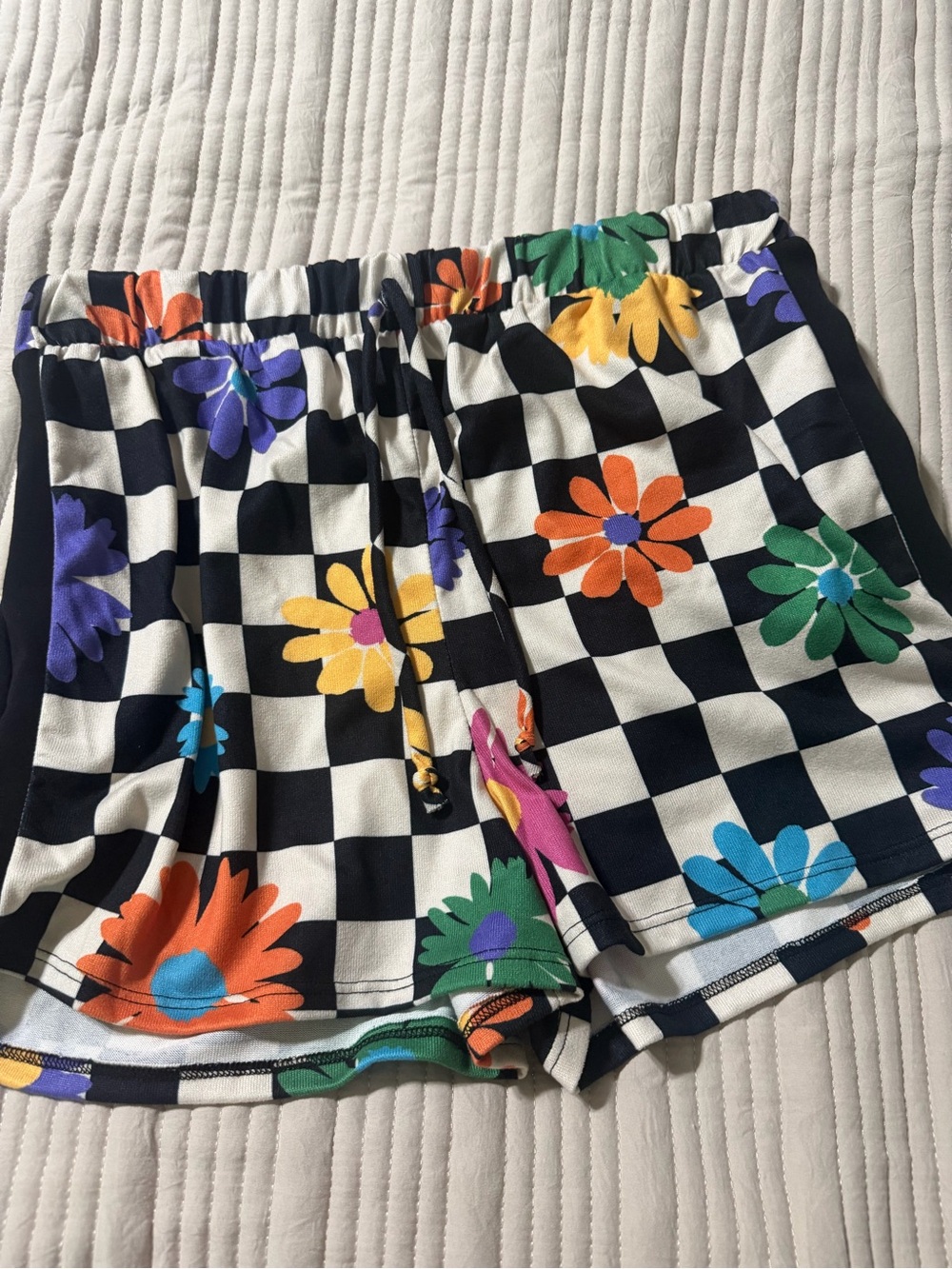 HEIMISH USA Black & White Check Floral Drawstring Shorts with Multicolor Flowers